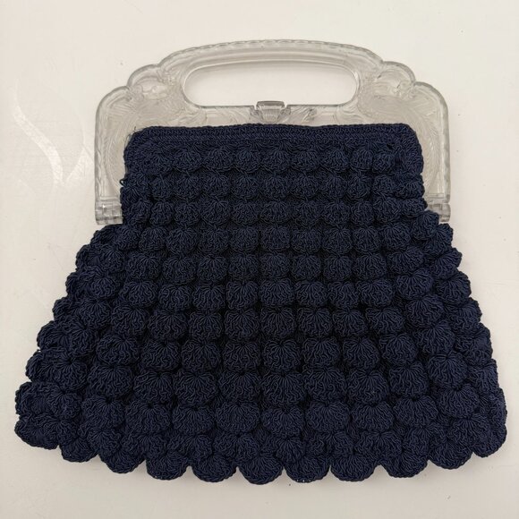 VINTAGE 30s Popcorn Crochet Navy Blue Peacock Handle Evening Bag - Picture 6 of 15